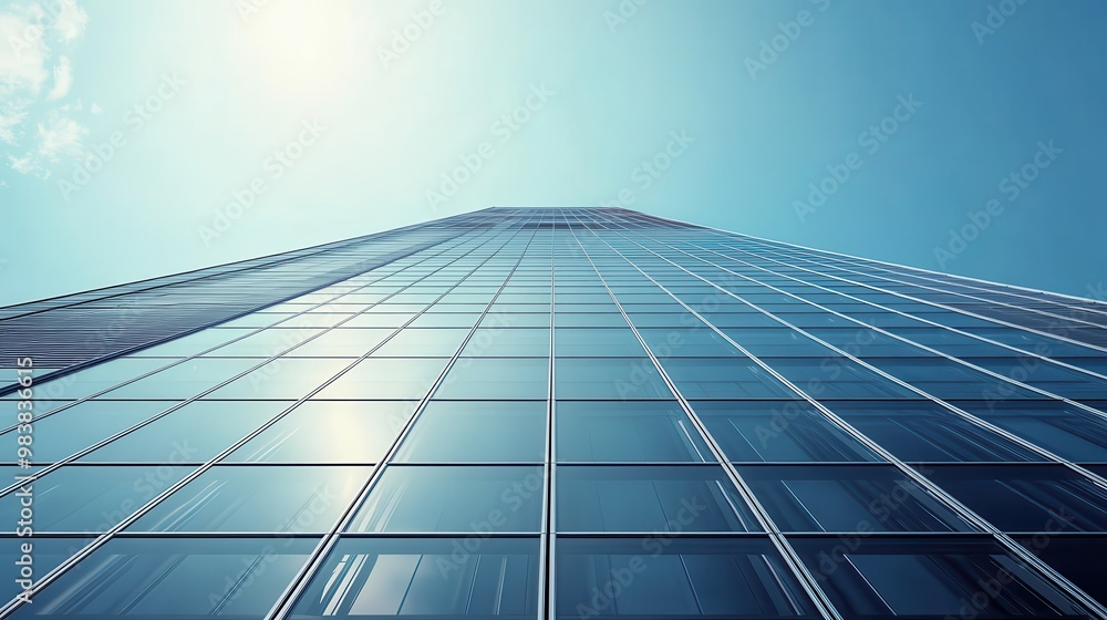 Low-angle shot of a modern skyscraper with glass windows reflecting the blue sky and clouds, symbolizing urban development and architecture. Low-angle shot of a modern skyscraper with glass windows reflecting the blue sky and clouds, symbolizing urban development and architecture.
