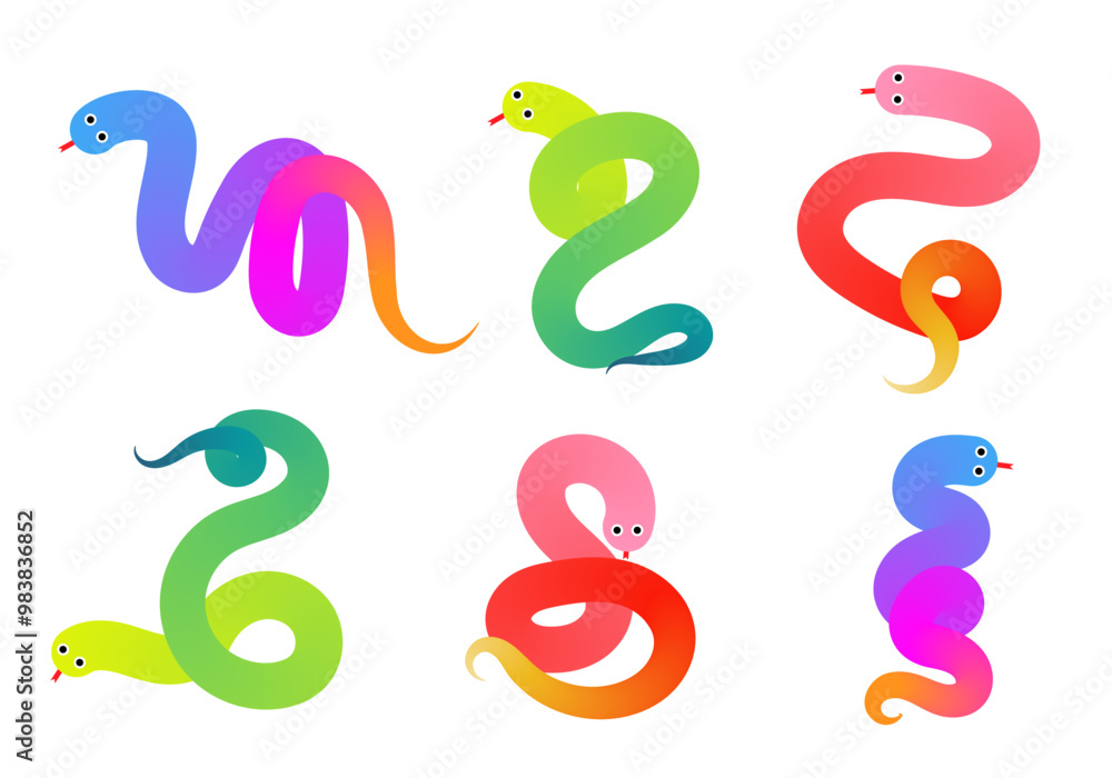 Trendy gradient snake collection. 3d icon set of cute funny snakes Trendy gradient snake collection. 3d icon set of cute funny snakes