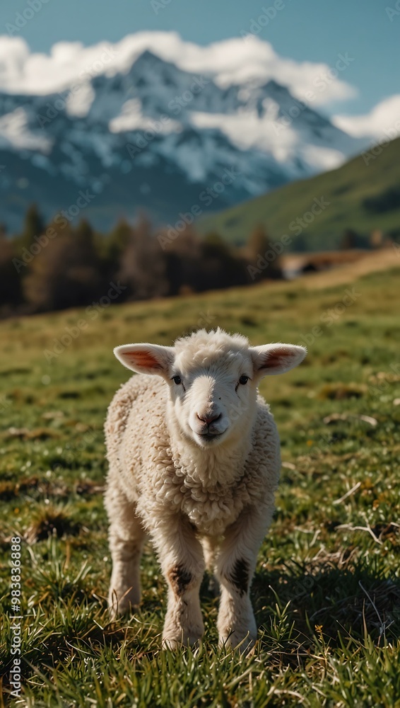 Cute lamb on a grassy hill with snowy mountains. Cute lamb on a grassy hill with snowy mountains.