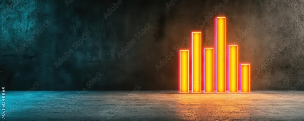 Neoncolored financial dashboard with retro 80s gridlines, featuring glowing bar charts and line graphs against a dark background Neoncolored financial dashboard with retro 80s gridlines, featuring glowing bar charts and line graphs against a dark background
