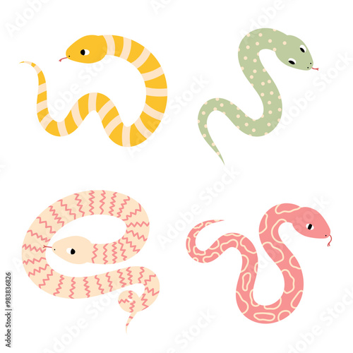 Funny snakes set. Doodle art of cute snake