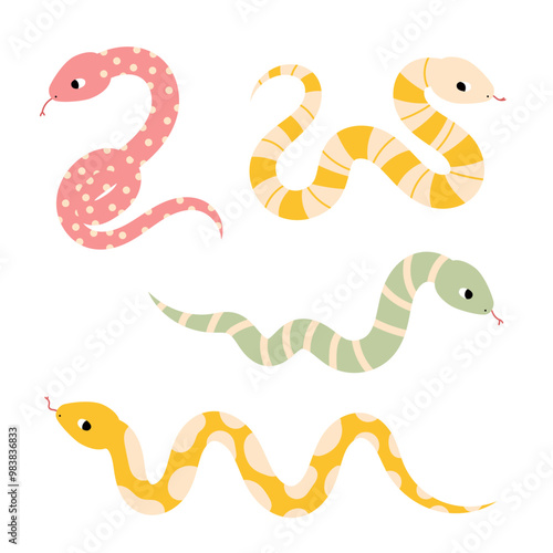 Funny snakes set. Doodle art of cute snake