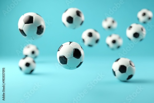 Multiple black and white soccer balls in mid-air against a bright blue background