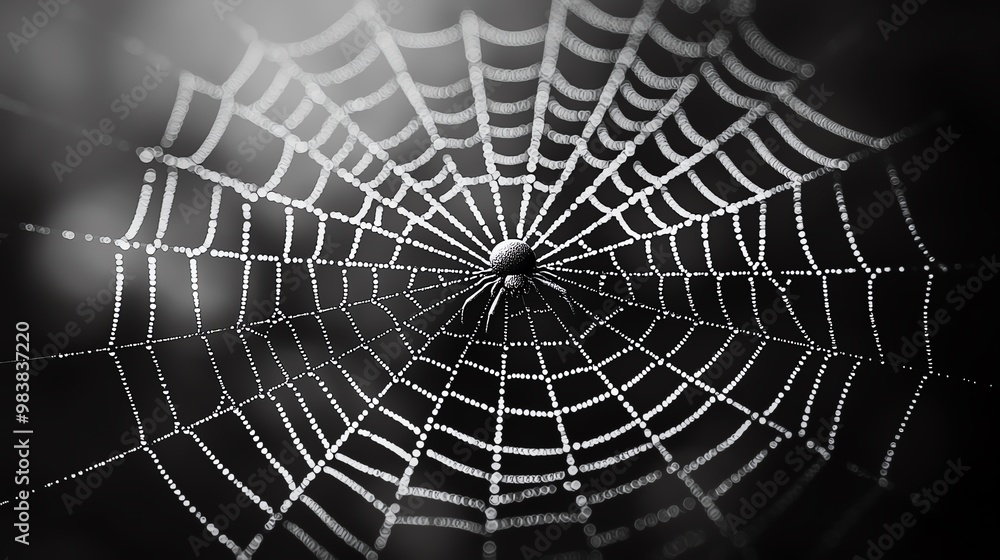 Close-up of a spider web with dew drops, black and white. Close-up of a spider web with dew drops, black and white.
