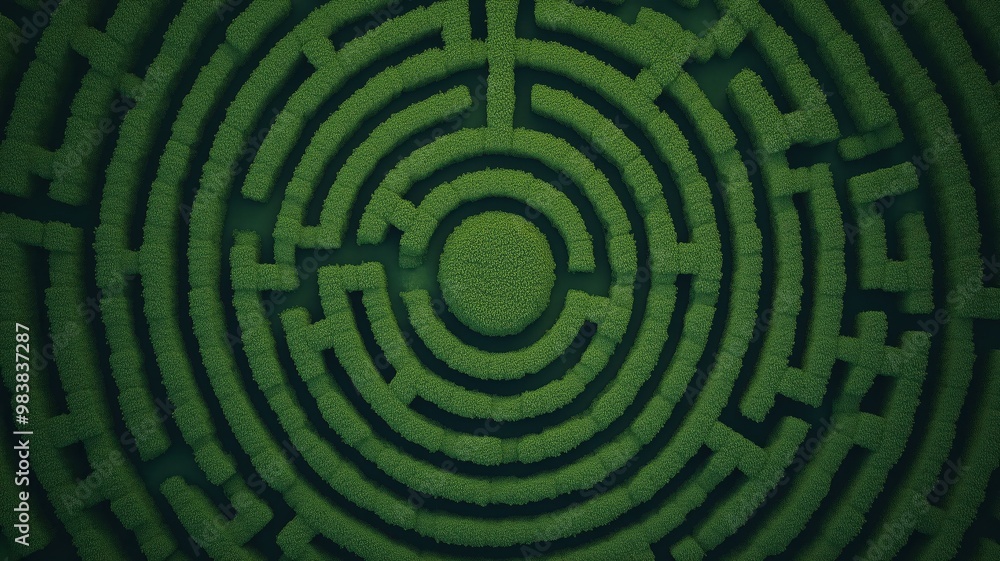 Aerial view of a complex labyrinth made from lush greenery, showcasing intricate pathways and a central point for exploration. Aerial view of a complex labyrinth made from lush greenery, showcasing intricate pathways and a central point for exploration.