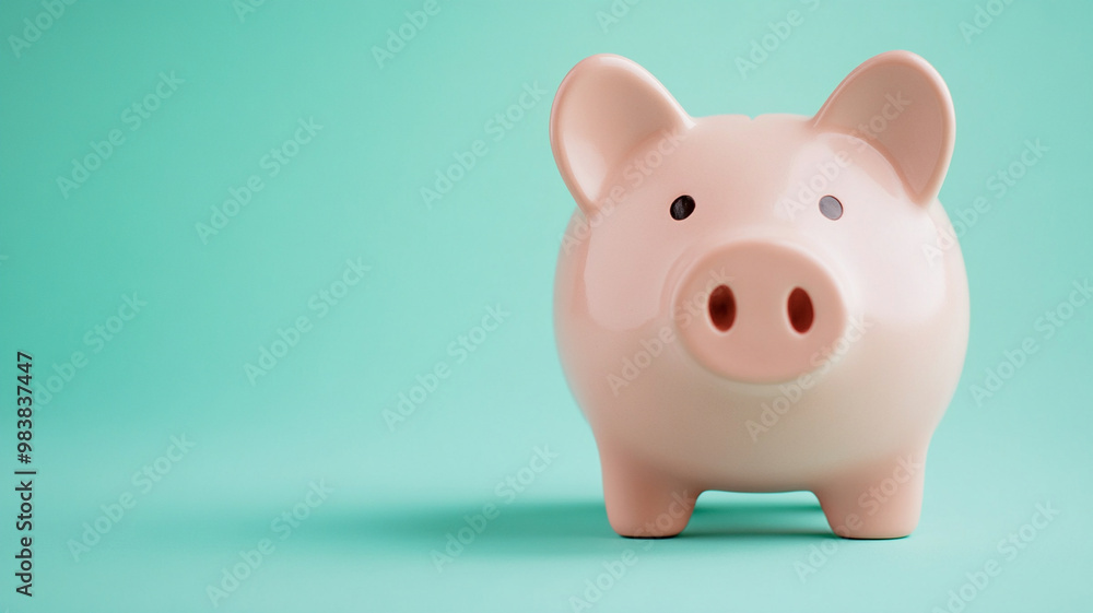A cute piggy bank stands against mint green background, symbolizing savings and financial planning. This image evokes feelings of hope and responsibility for future financial stability A cute piggy bank stands against mint green background, symbolizing savings and financial planning. This image evokes feelings of hope and responsibility for future financial stability