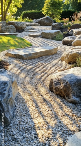 A peaceful rock garden features smooth stones raked gravel and gentle curves for relaxation