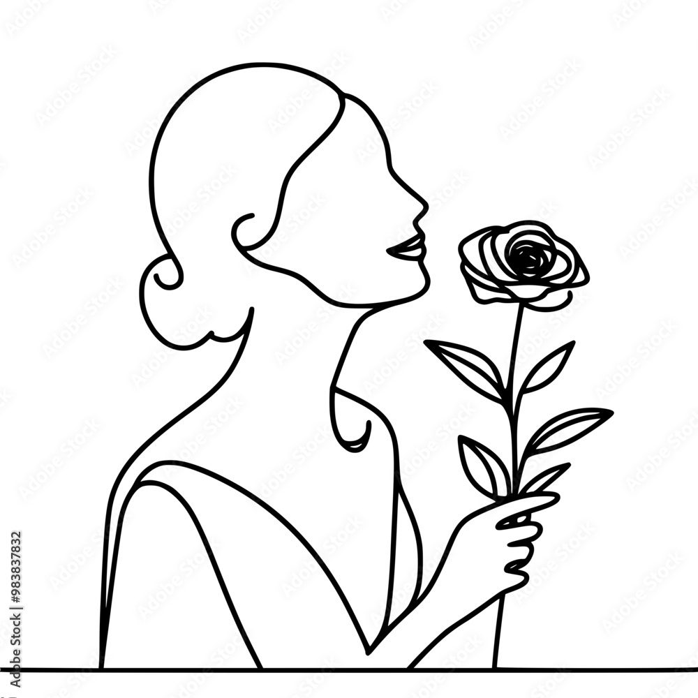 Linear vector simple drawing of woman in profile holding rose to her nose, symbolizes beauty and enjoyment of aroma. Linear vector simple drawing of woman in profile holding rose to her nose, symbolizes beauty and enjoyment of aroma.