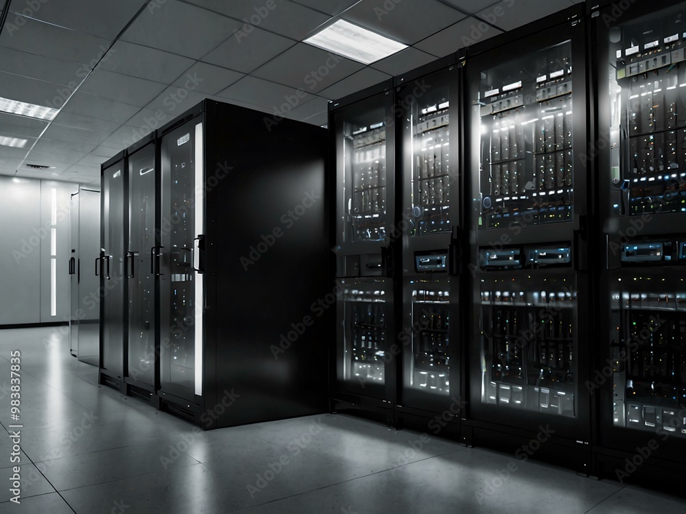 Data center with server racks lining the corridor, showcasing advanced technology. Data center with server racks lining the corridor, showcasing advanced technology.