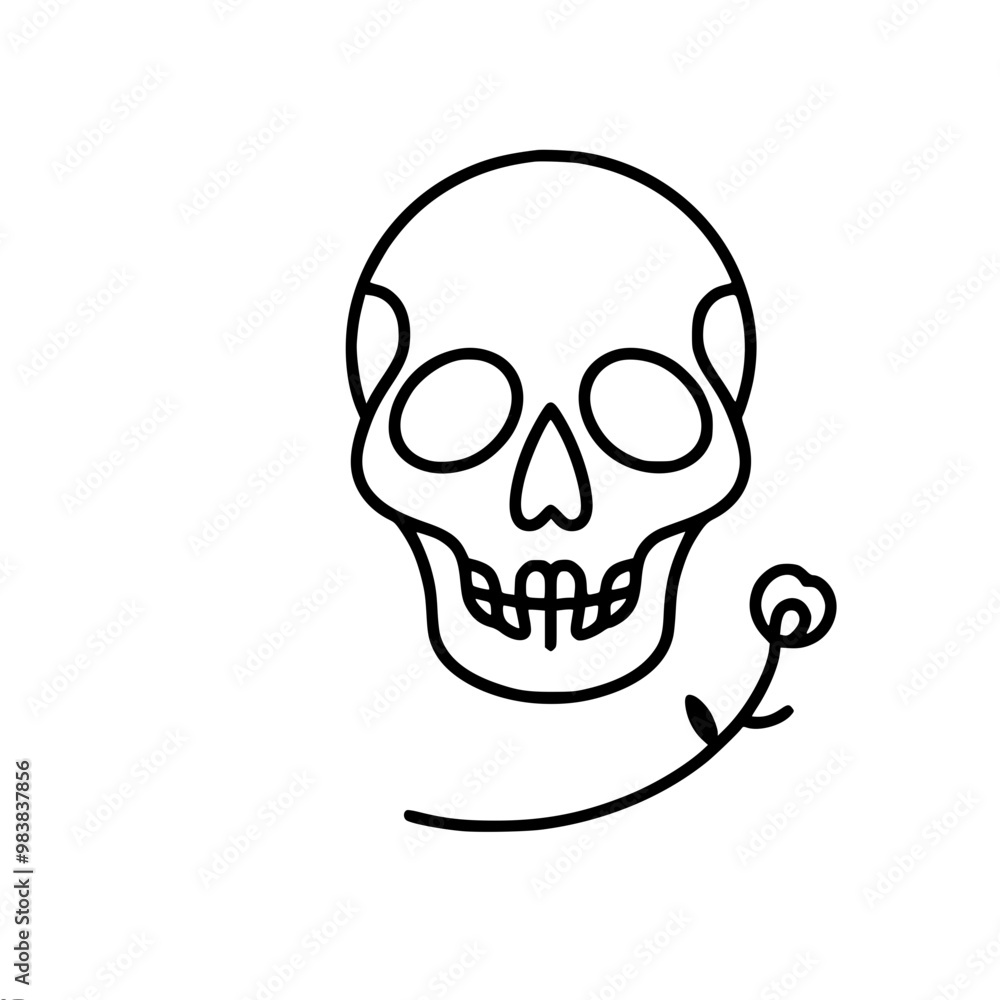Stylized vector linear skull next to simple flower on stem Stylized vector linear skull next to simple flower on stem