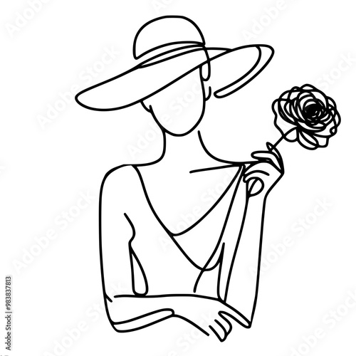 Line vector simple drawing of female figure in wide-brimmed hat holding flower near face, done in minimalist style, symbolizes elegance and nature, influencer posing for camera