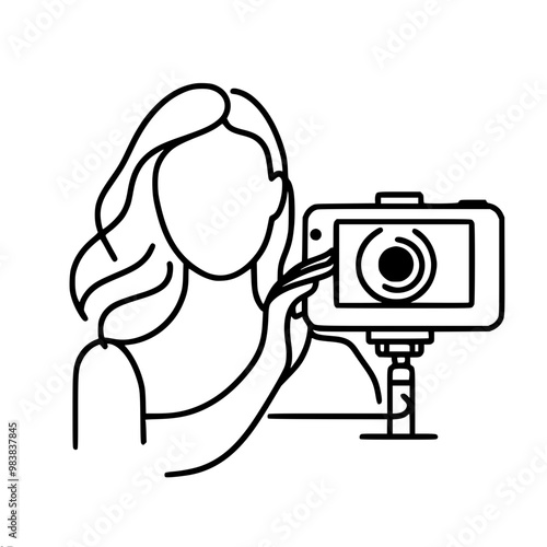 Line vector simple drawing of female figure taking photo with camera on tripod, symbolizes photography and creativity, influencer taking self-portrait