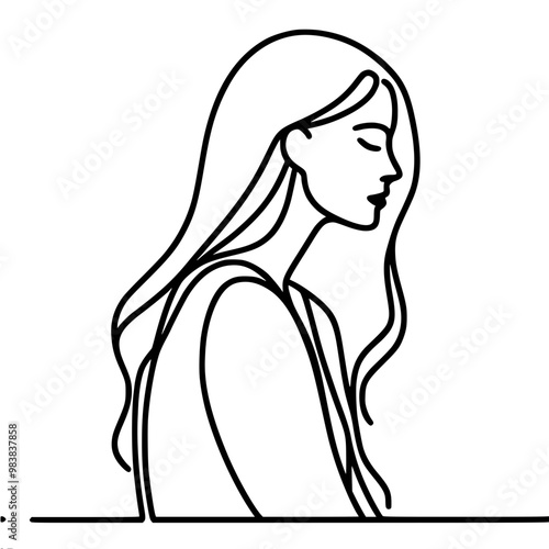 Linear vector simple drawing of young woman in profile with hair, stylized lines