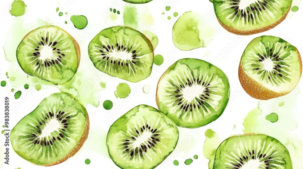 Fototapeta premium Seamless watercolor pattern featuring kiwi fruit Fruity backdrop