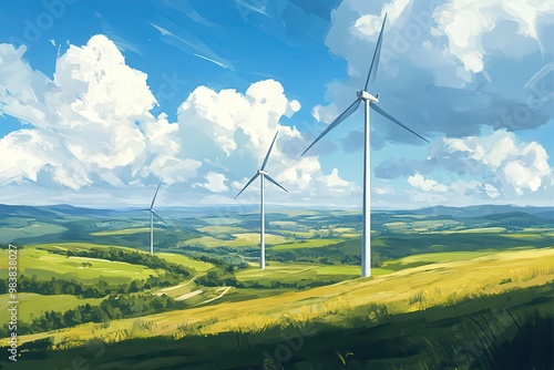 Scenic view of wind turbines on a grassy hillside under a bright blue sky with fluffy clouds. Sustainable energy concept. photo