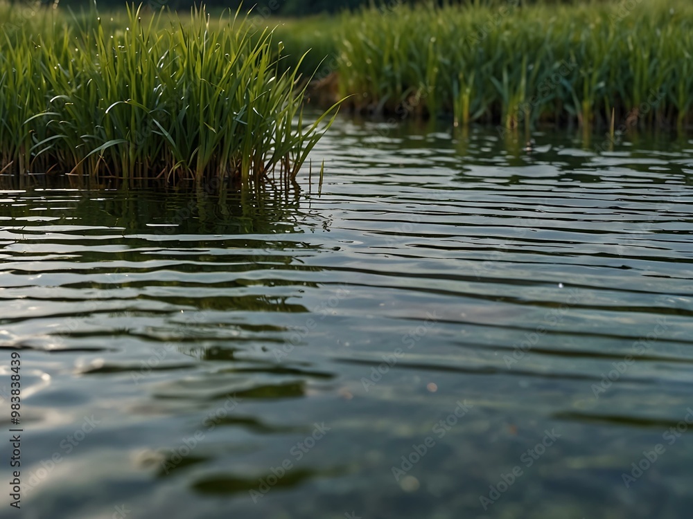 Dense green grass with slender blades reflecting in water. Dense green grass with slender blades reflecting in water.