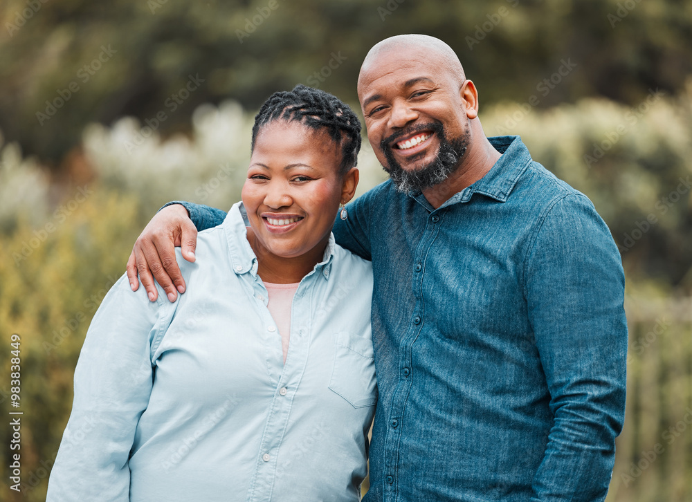 Φωτογραφία Black couple, portrait and outdoor hug for romance, garden love and security in relationship