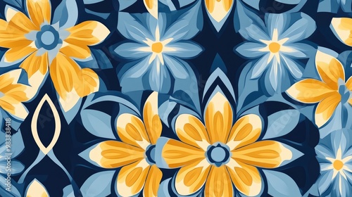 Seamless geometric pattern featuring yellow and blue flowers for design and decoration Illustration