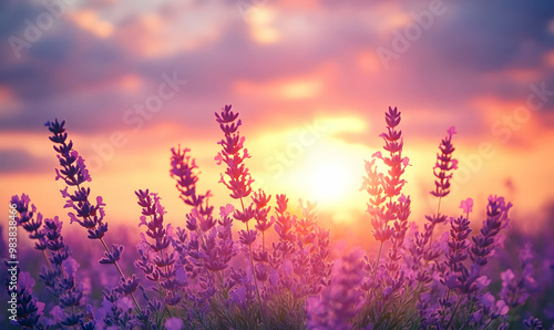 Wonderful nature landscape, amazing sunset scenery with blooming lavender flowers