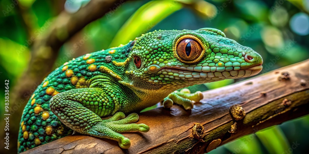 A diminutive, vibrant crocodile gecko balances on a tree branch, its scales shimmering in shades of green, a A diminutive, vibrant crocodile gecko balances on a tree branch, its scales shimmering in shades of green, a