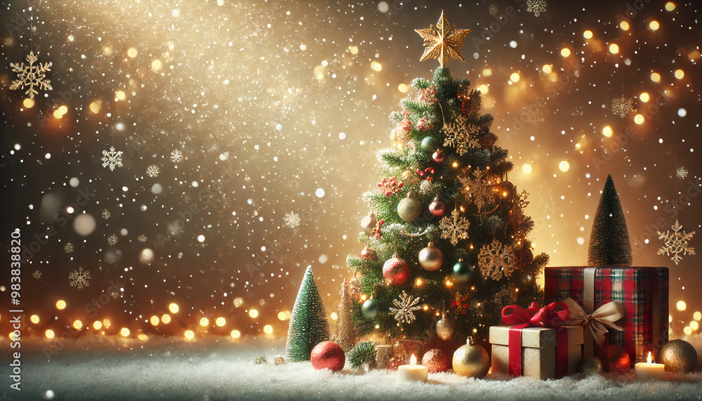 A magical Christmas scene with a beautifully decorated tree, presents, and twinkling lights, set amidst falling snowflakes, creating a serene holiday atmosphere A magical Christmas scene with a beautifully decorated tree, presents, and twinkling lights, set amidst falling snowflakes, creating a serene holiday atmosphere