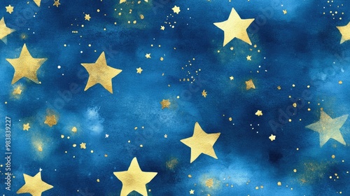 Watercolor seamless pattern for holiday celebration featuring golden stars on a blue background Hand painted on paper