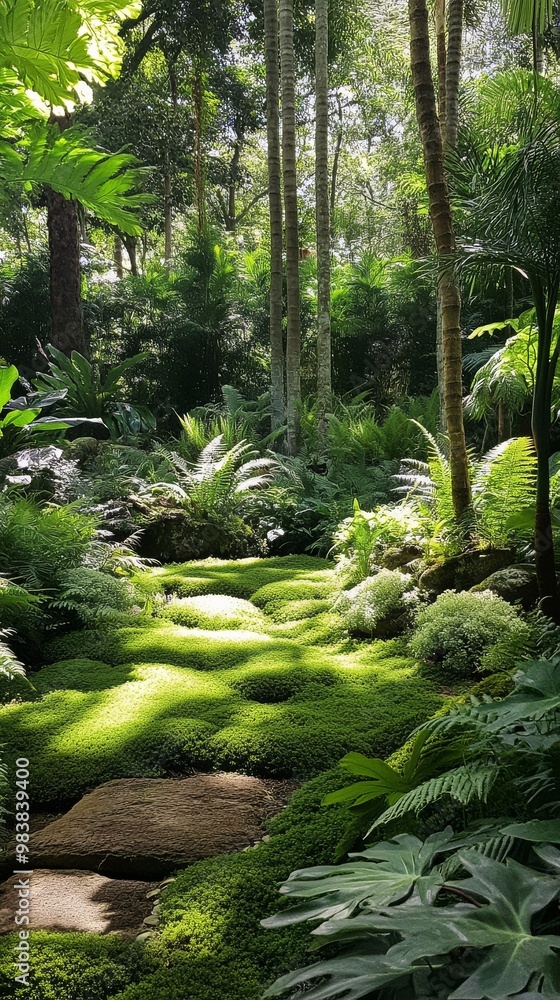 A serene woodland garden rich with ferns and soft moss glows under gentle sunlight A serene woodland garden rich with ferns and soft moss glows under gentle sunlight