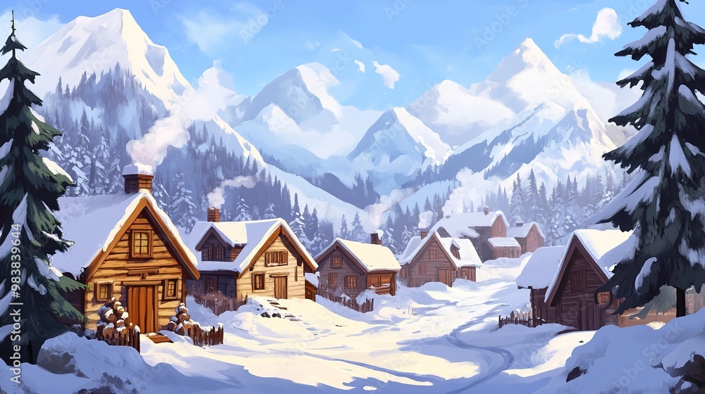 Fototapeta premium A cozy village nestled in a snow-covered mountain valley, featuring quaint houses with smoke gently rising from their chimneys. The scene is framed by snow-laden pine trees