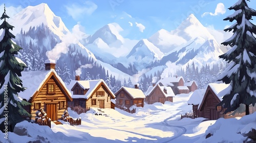 A cozy village nestled in a snow-covered mountain valley, featuring quaint houses with smoke gently rising from their chimneys. The scene is framed by snow-laden pine trees