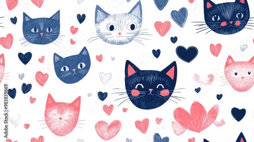 Seamless pattern featuring cats and hearts