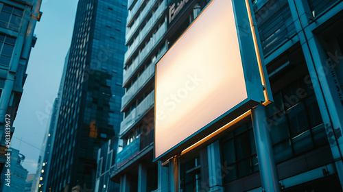 Empty white signboard on a tall structure in the central area of a business center.