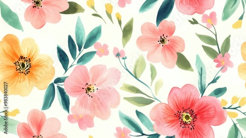 Seamless background featuring original floral watercolor illustration