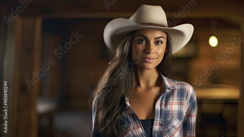 Young woman wearing a cowboy hat and shirt in a room with wooden walls in the interior of a rustic farm or ranch house.