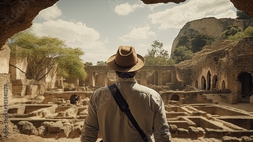 A male archaeologist stands in front of the excavations of an ancient civilization in the desert. A traveler adventurer has found a secret lost city.