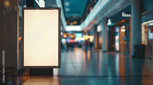 Empty white signboard on a towering advertisement structure in a shopping mall