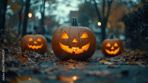 Three jack-o'-lanterns in different Halloween costumes, positioned to the left side of the frame, leaving a clear space on the right for text. The bright, sharp image focuses on the intricate