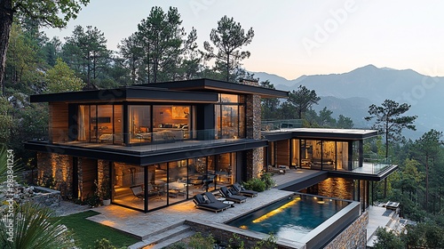 A luxurious modern villa with a rooftop hot tub, situated high in the mountains with views stretching for miles