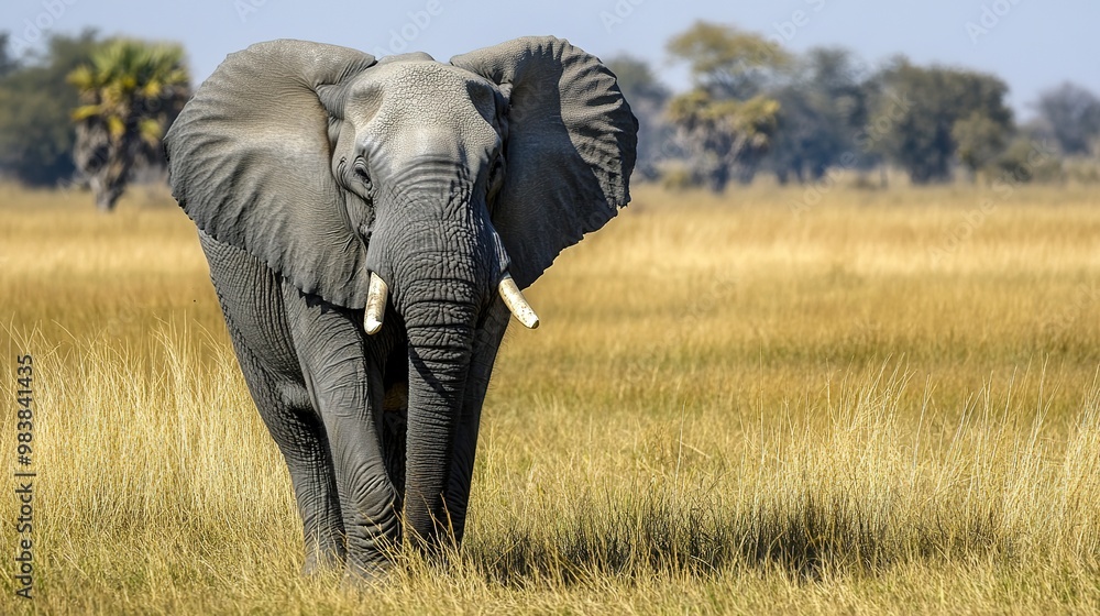 Fototapeta premium A majestic elephant standing proudly in its natural habitat, showcasing its impressive size and grandeur. The image captures the essence of strength, wisdom, 