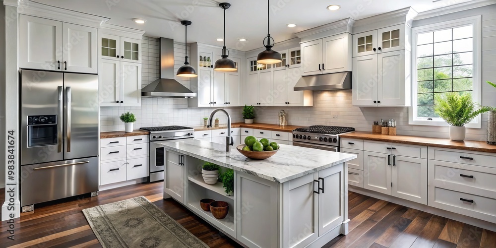 custom made wallpaper toronto digitalA modern kitchen showcases white shaker-style cabinets with sleek matte black hardware, elevating the space with a