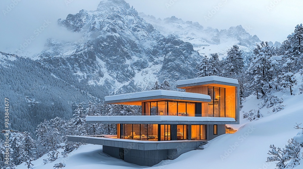 A minimalist mountain house with a flat roof, nestled among snow-covered peaks and evergreen forests A minimalist mountain house with a flat roof, nestled among snow-covered peaks and evergreen forests