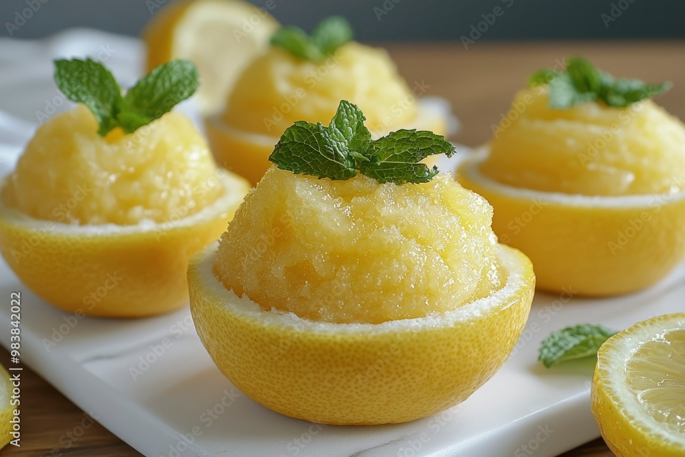 Lemon Sorbet with Mint Garnishes Served in Lemon Halves Lemon Sorbet with Mint Garnishes Served in Lemon Halves