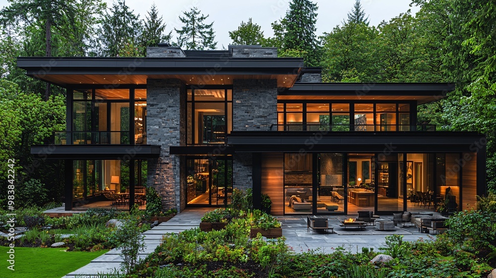 A modern home with large windows and natural wood accents, blending harmoniously with the surrounding mountain forest A modern home with large windows and natural wood accents, blending harmoniously with the surrounding mountain forest