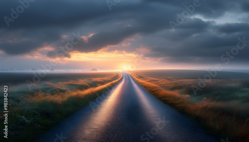 Mesmerizing illuminated road with glowing lights extending towards a misty horizon beneath a moody sky