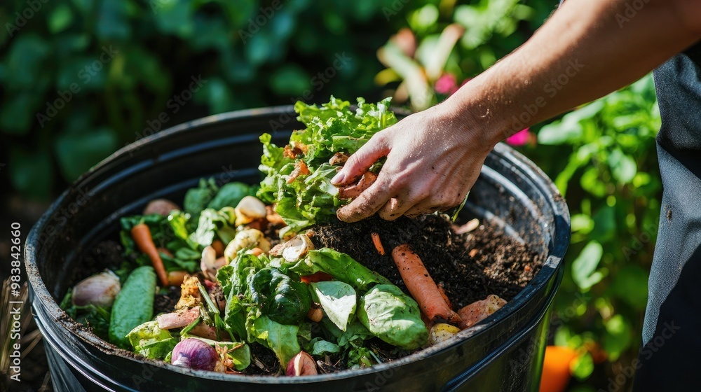 Close up person hands compositing food waste in compost bin garden Close up person hands compositing food waste in compost bin garden