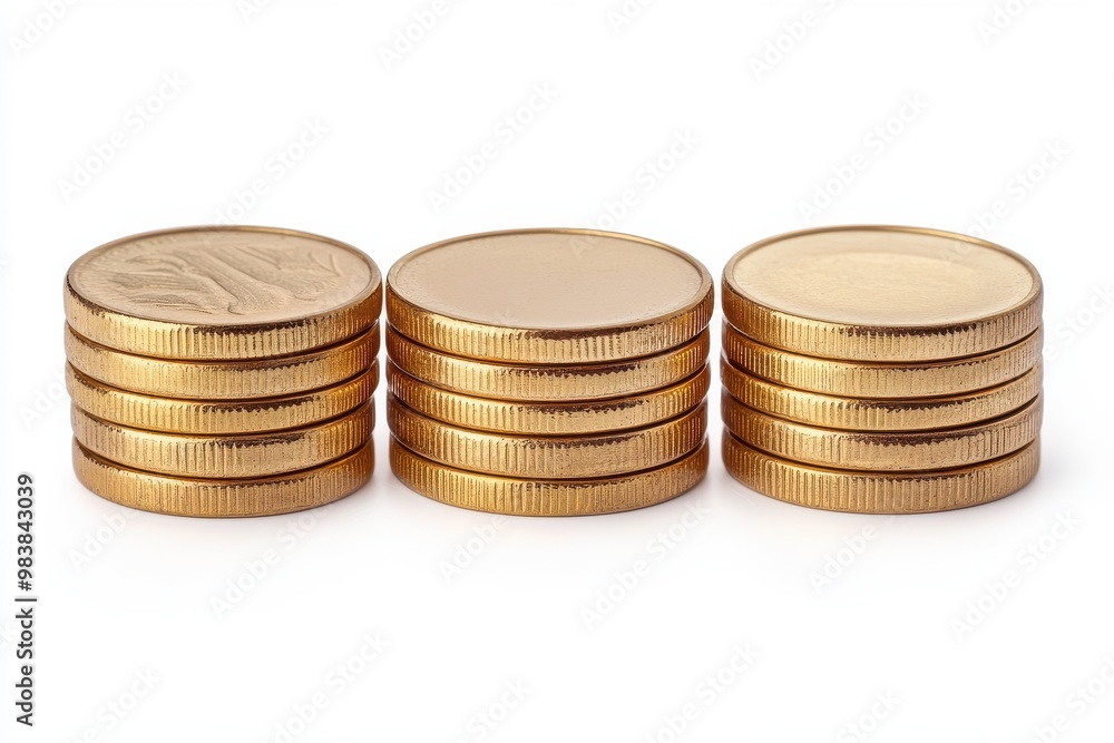 Generate a high-resolution digital image of four different stacks of gold coins Generate a high-resolution digital image of four different stacks of gold coins