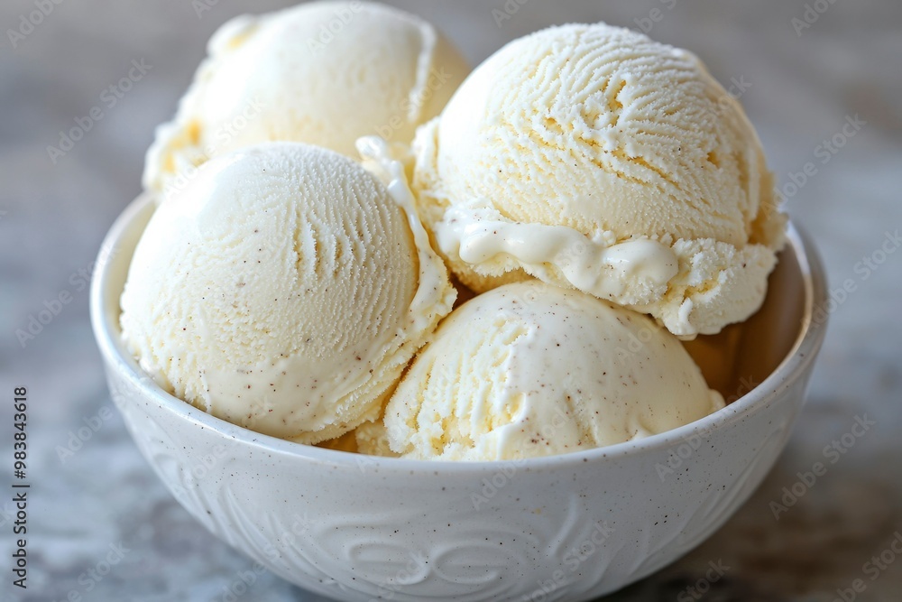 Close-up of Vanilla Ice Cream Scoops in a White Bowl Close-up of Vanilla Ice Cream Scoops in a White Bowl