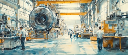 Interior of a factory with workers, large machinery captured in soft watercolors, vibrant yet muted industrial scene, blending people and machines