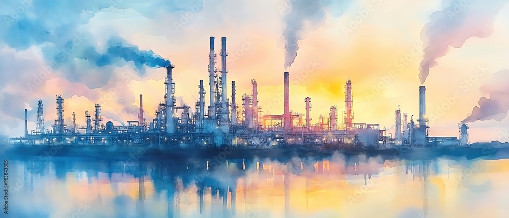 Watercolor depiction of a refinery at dawn, pastel colors blending into the misty sky, industrial strength meets nature s beauty