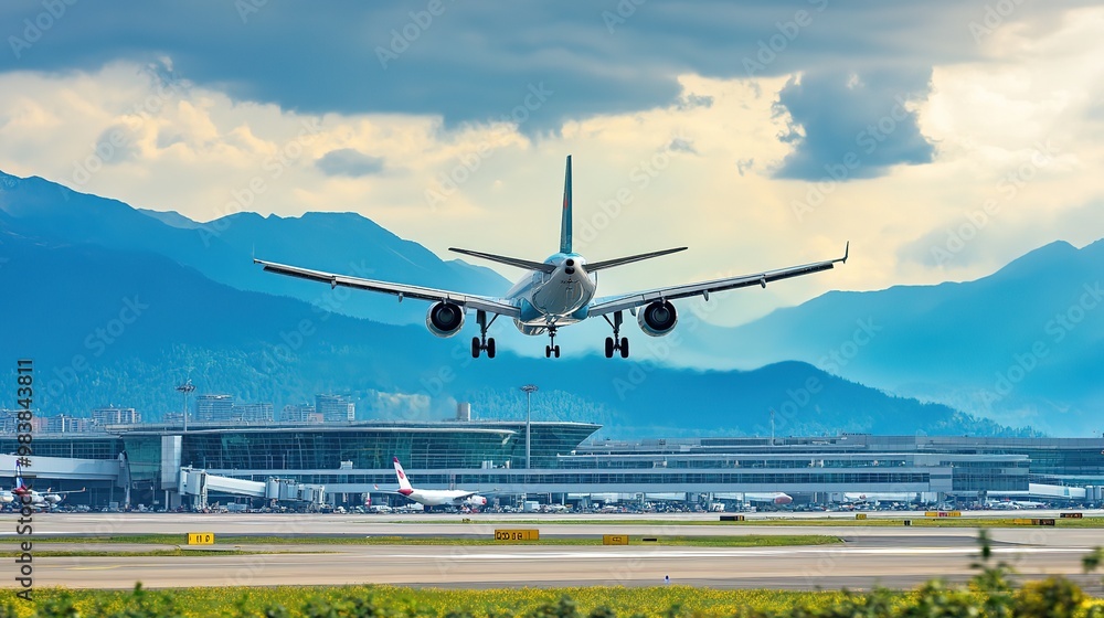 Commercial passenger jet taking off from an international airport runway with a visible terminal building in the background. The aircraft ascends into the clear sky, representing air travel, transport Commercial passenger jet taking off from an international airport runway with a visible terminal building in the background. The aircraft ascends into the clear sky, representing air travel, transport