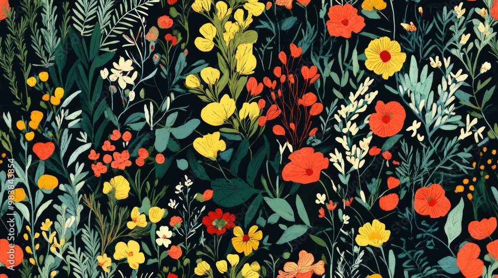 Obraz premium Abstract seamless pattern featuring plants herbs and flowers in a vibrant botanical illustration